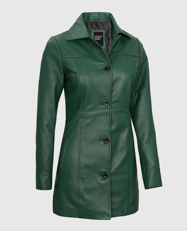 Women's Green Leather Coat - Image 5