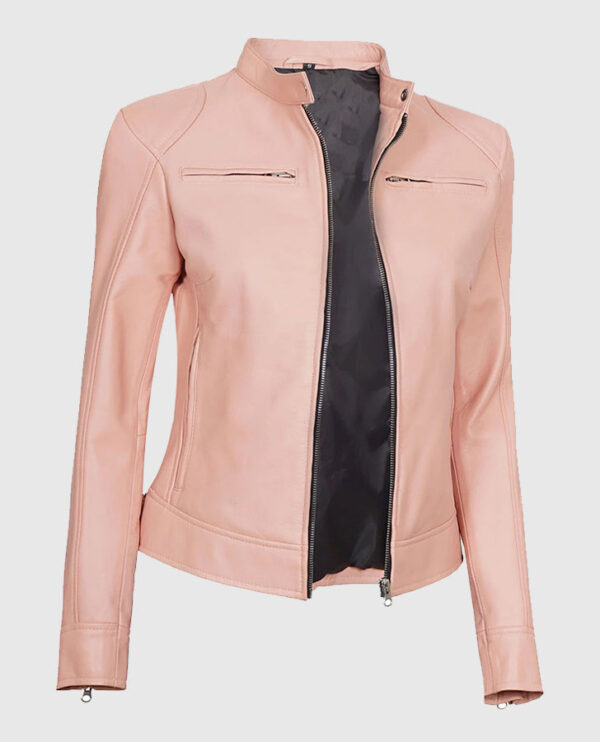 Light Pink Women's Motorcycle Cafe Racer Leather Jacket - Image 7