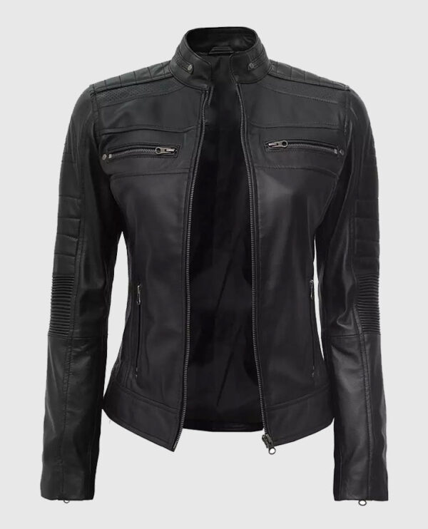 Women's Black Cafe Racer Leather Jacket - Image 4