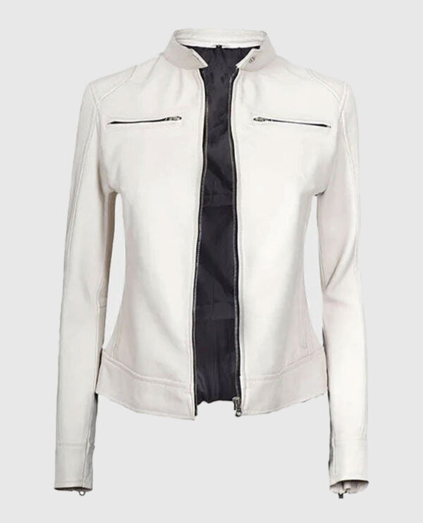 Women's White Leather Cafe Racer Jacket - Image 6