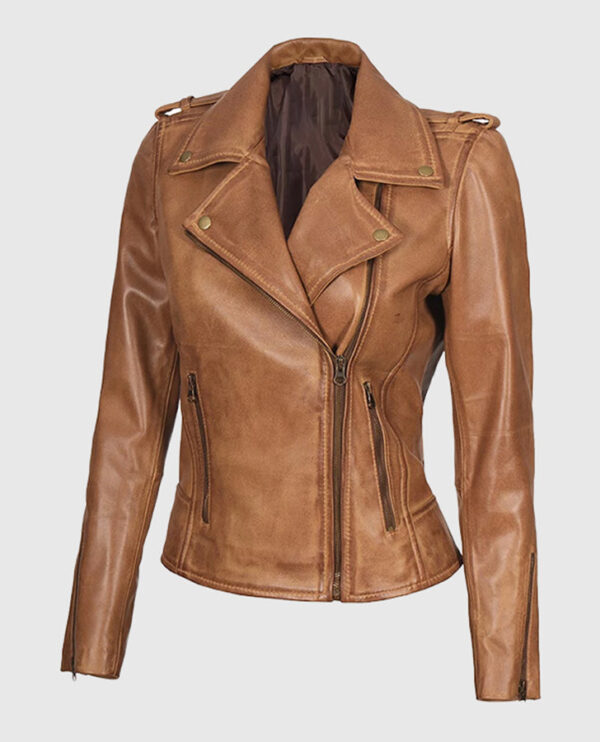 Kirsten Women's Asymmetrical Camel Brown Real Leather Jacket - Image 3