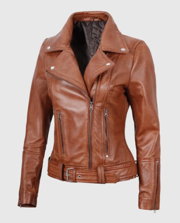 Women's Light Brown Asymmetrical Leather Biker Jacket - Belted - Image 4