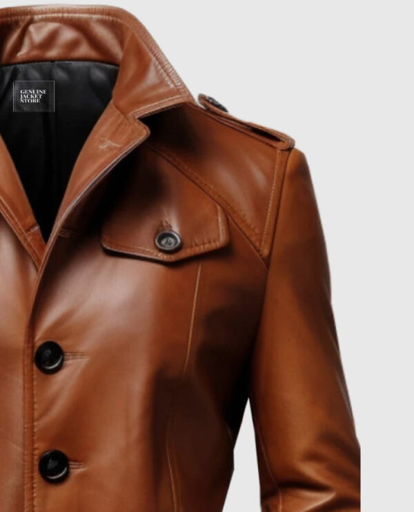 Men's Vintage Tan Brown Long Leather Coat - Image 4