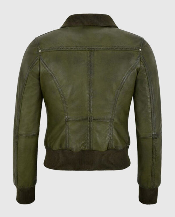 Women's Aviator Olive Bomber Leather Jacket - Image 2