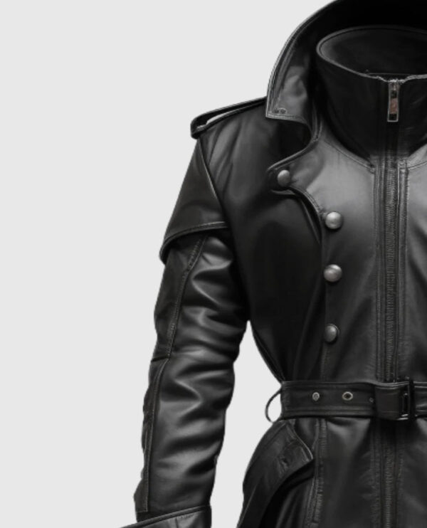 Men's Black Stylish Hooded Leather Coat - Image 4