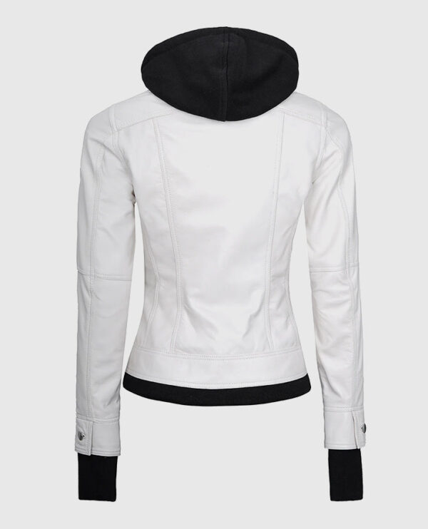 Women's White Bomber Leather Jacket with Hood - Image 2