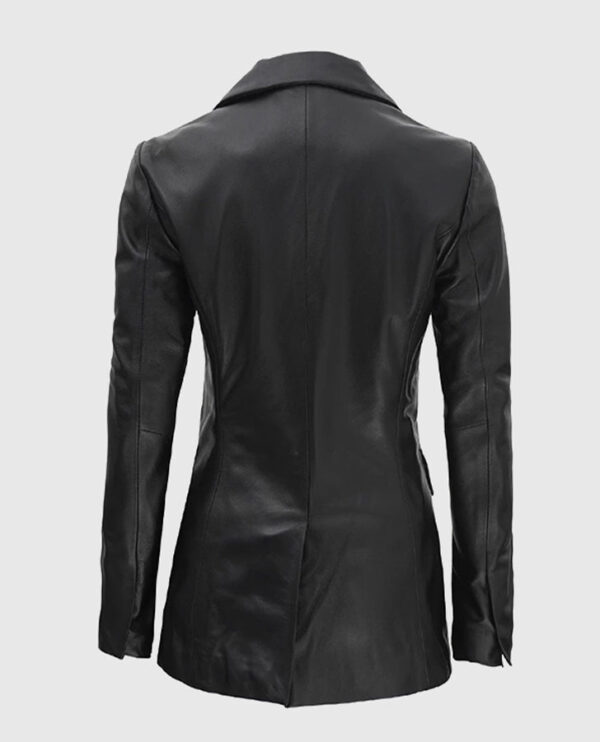 Women's Double Breasted Black Leather Blazer - Image 3
