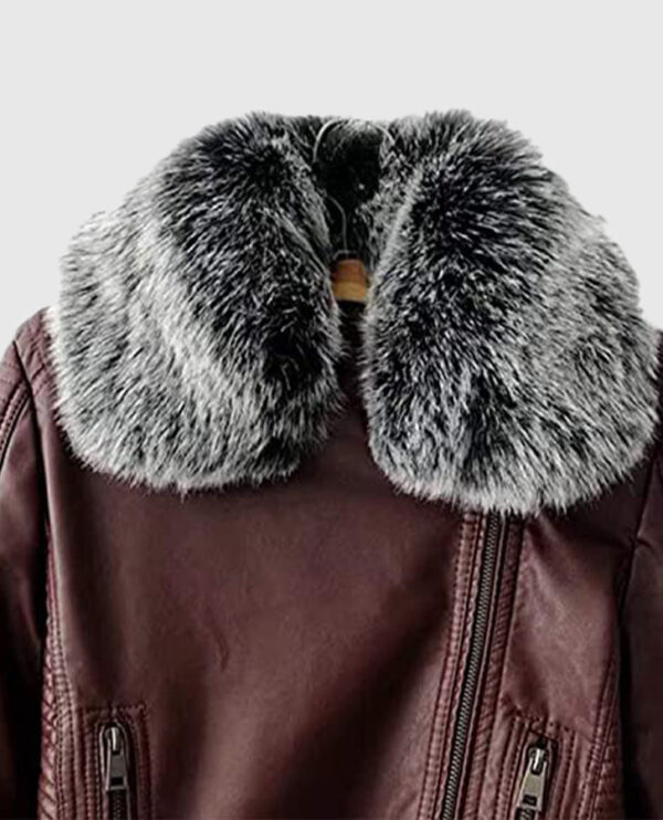 Women's Faux Fur Quilted Moto Maroon Jacket - Image 3