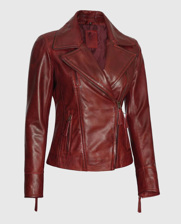 Women's Maroon Asymmetrical Biker Leather Jacket - Image 4