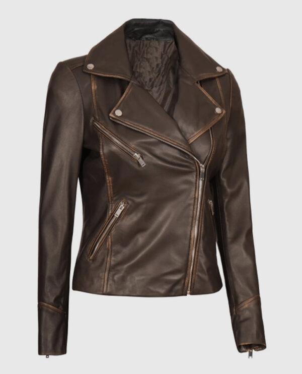 Women's Brown Rub-off Vintage Leather Biker Jacket - Image 4