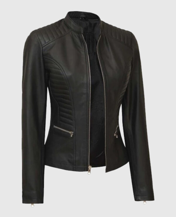 Women's Rachel Petite Black Cafe Racer Leather Jacket - Image 5