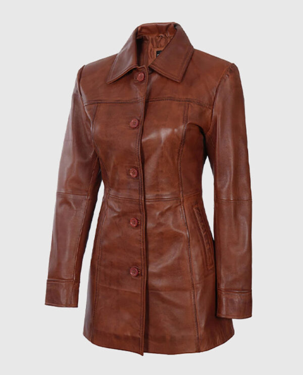Women's Cognac Leather Coat - Image 4