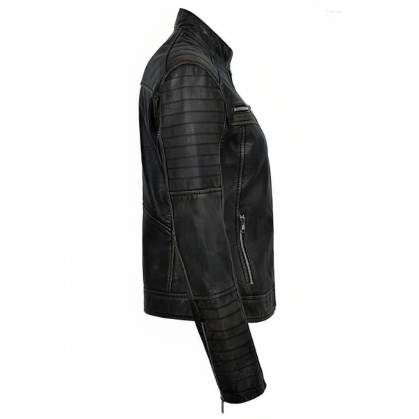 Womens Distressed Black Cafe Racer Jacket - Image 2