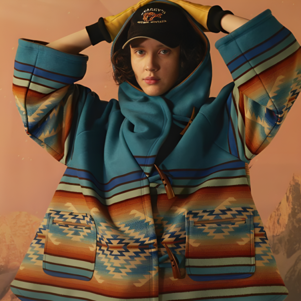 Kelly Reilly Yellowstone Beth Dutton Blue Hooded Poncho Style Coat - Image 4