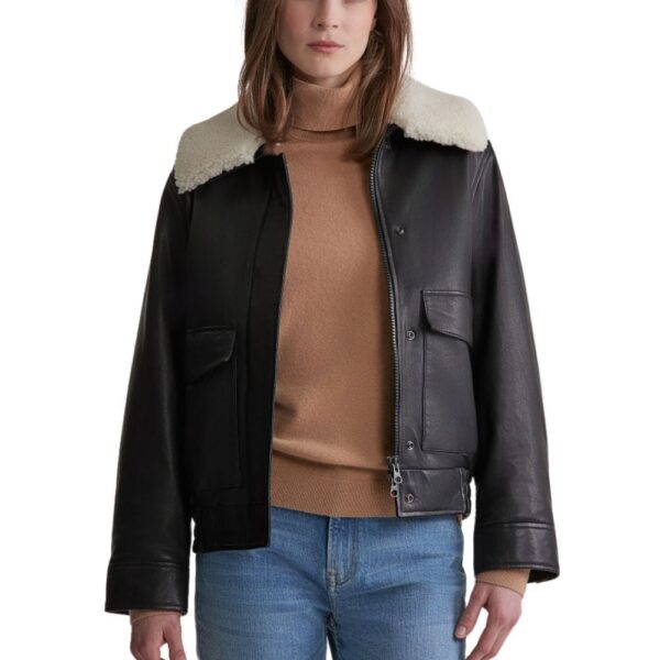 Womens Black Leather Jacket with Shearling Collar - Image 4