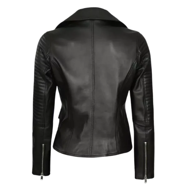 Womens Black Asymmetrical Leather Jacket - Image 4