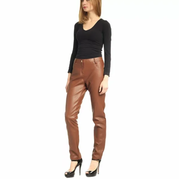 Camel Brown Leather Pants Women - Image 3