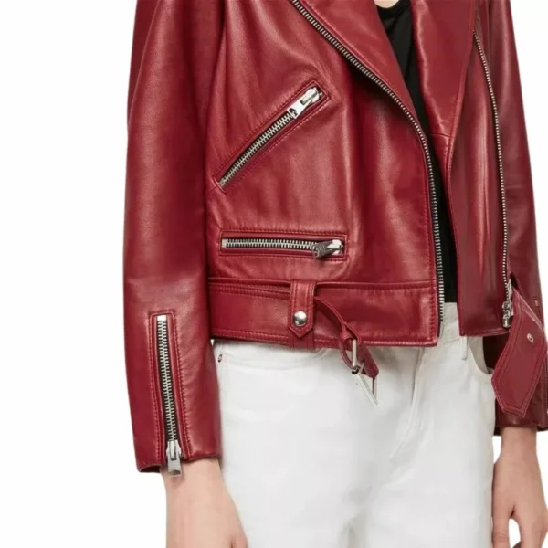 Womens Maroon Genuine Leather Asymmetrical Jacket - Image 3