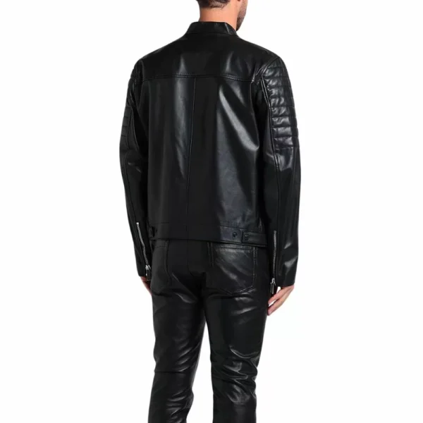 Black Quilted Leather Jacket Cafe Racer - Image 4
