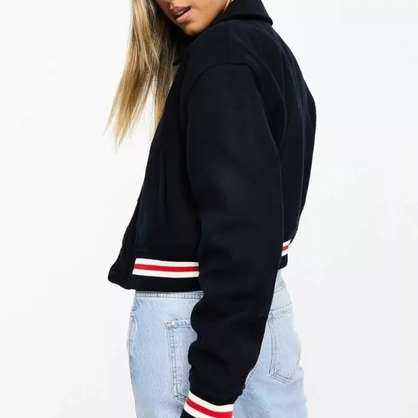 Women Blue Woolen Bomber Varsity Jacket - Image 3