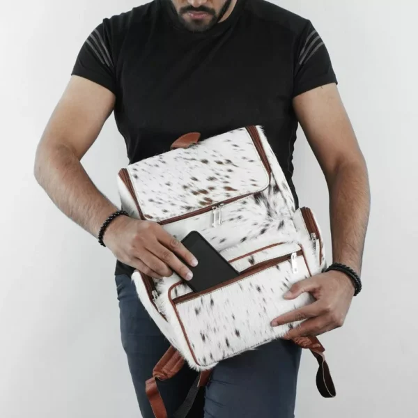 White & Brown Fur Cowhide Backpack - Image 4