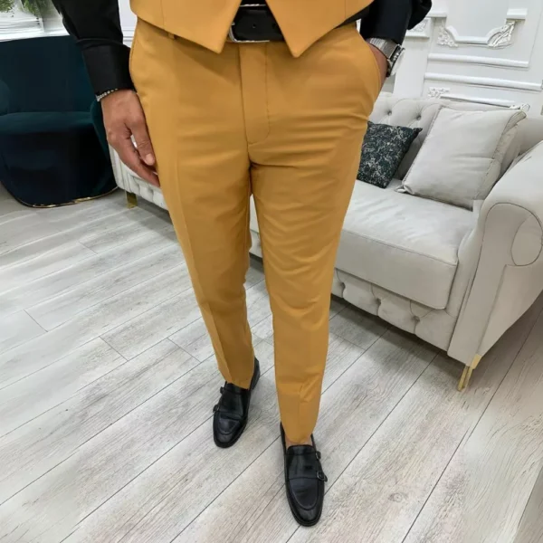 Mustard Slim Fit Peak Lapel Three Piece Suit - Image 4