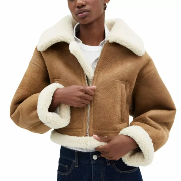 Shearling Lined Brown Women’s Cropped Jacket - Image 4
