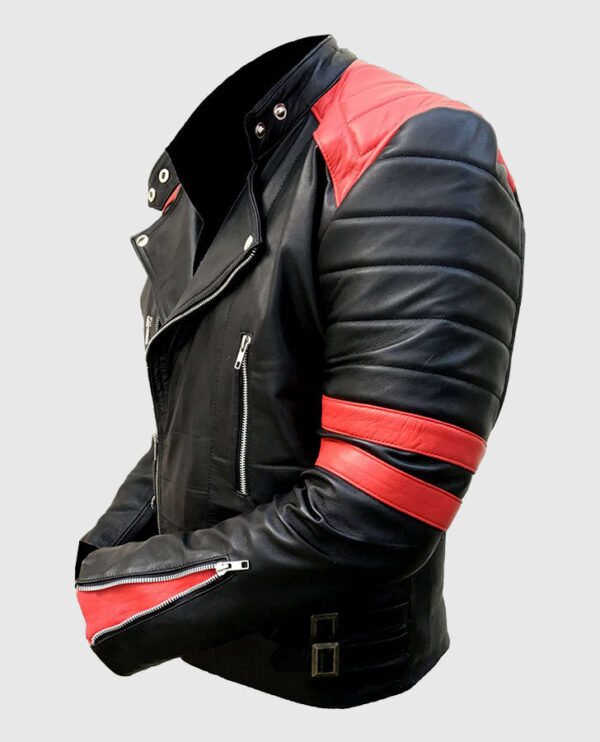 Men's Vintage Red Stripes Motorcycle Leather Jacket - Image 4