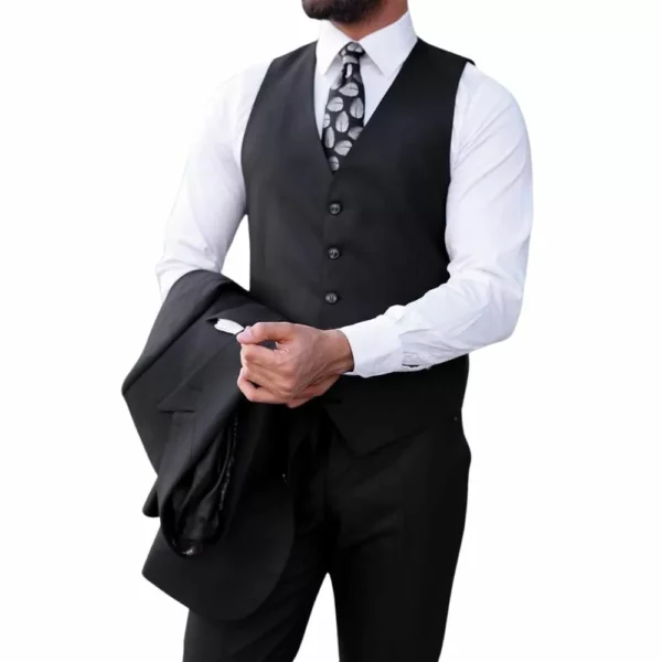 Modern 3 Piece Black Peak Lapel Suit - Image 4