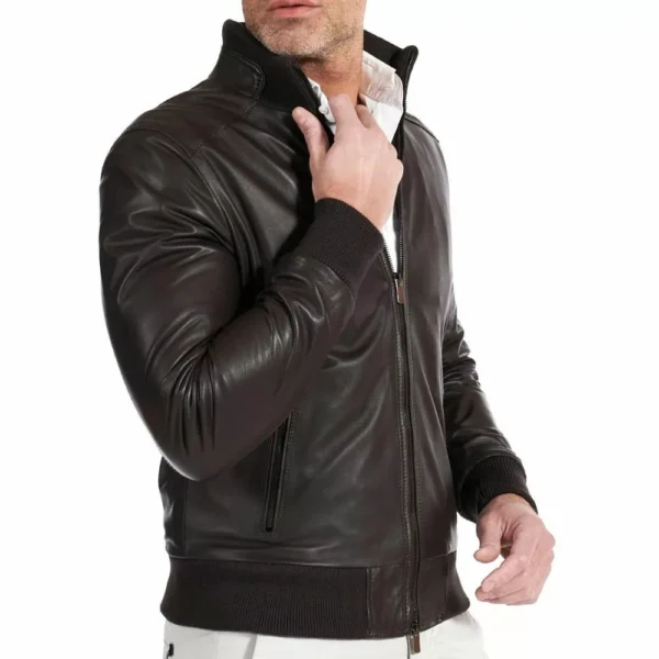 Chocolate Brown Leather Bomber Jacket for Men - Image 4