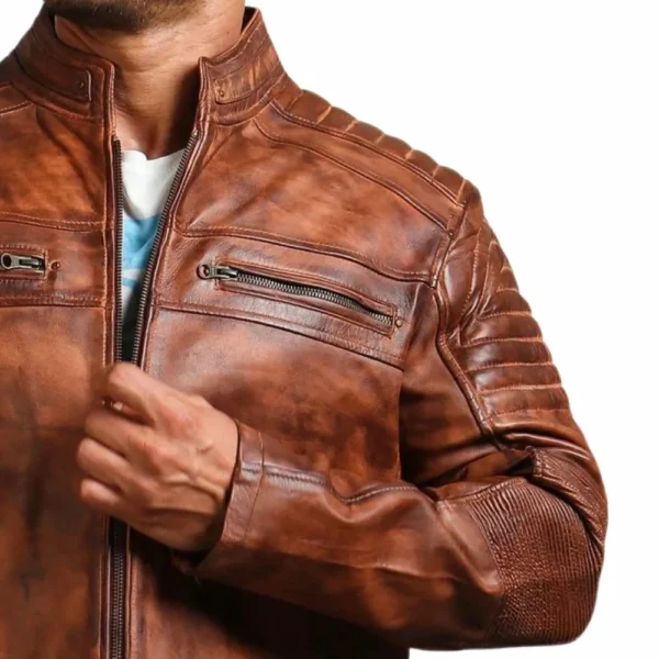 Mens Vintage Cafe Racer Distressed Brown Motorcycle Leather Jacket - Image 4