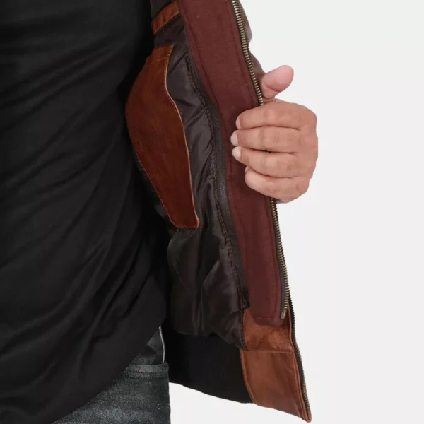 Men’s Brown Leather Bomber Jacket With Removable Hood - Image 6