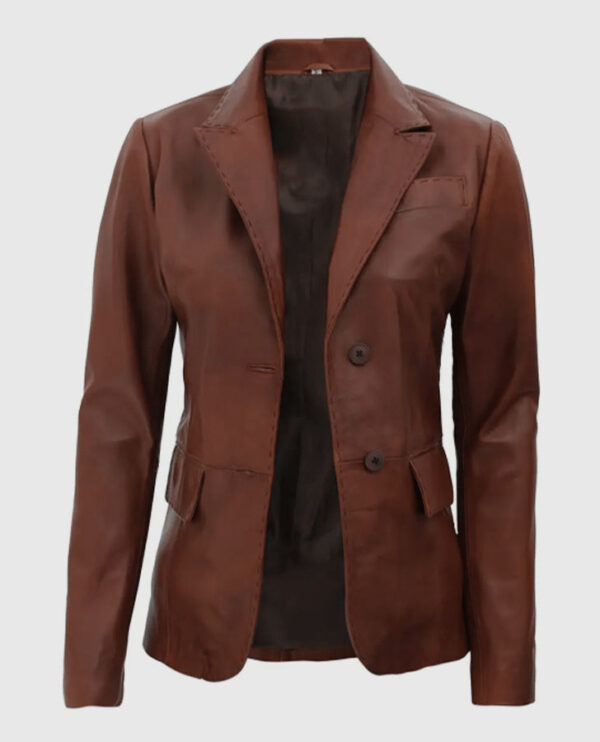 Women's Brown Two Button Leather Blazer Jacket - Image 3