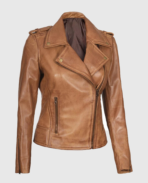 Kirsten Women's Asymmetrical Camel Brown Real Leather Jacket - Image 4