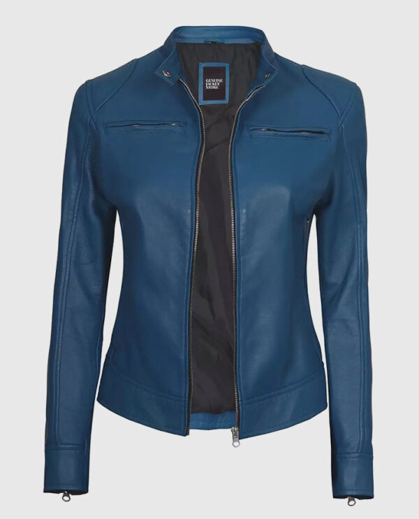 Women's Blue Cafe Racer Leather Jacket - Image 5