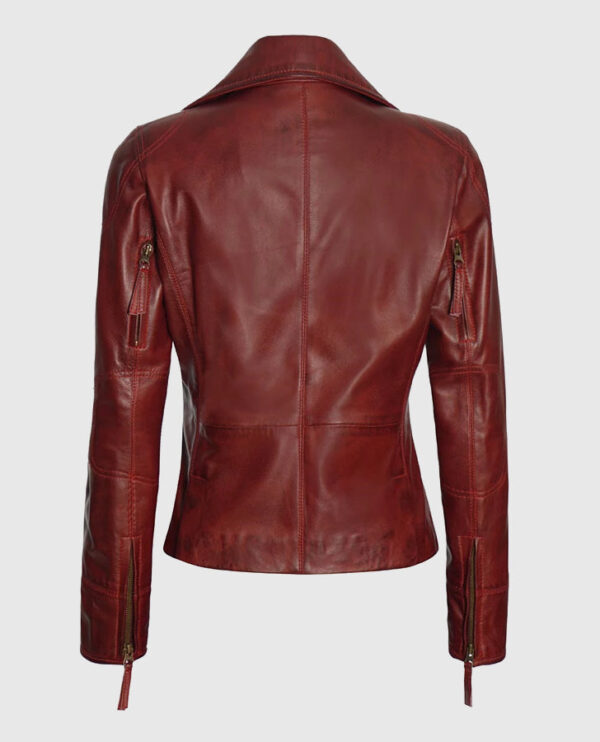 Women's Maroon Asymmetrical Biker Leather Jacket - Image 2