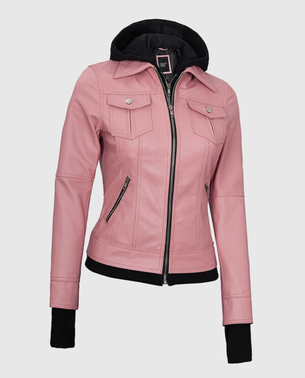 Women's Pink Bomber Leather Jacket with Hood - Image 3