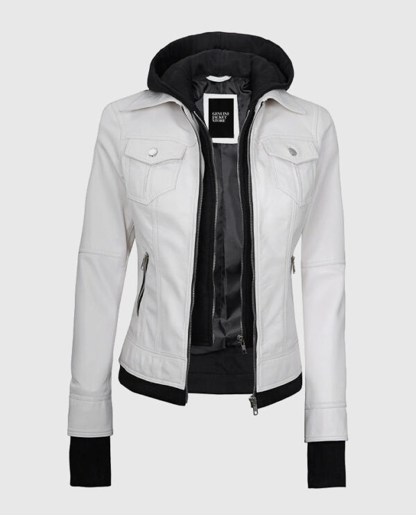 Women's White Bomber Leather Jacket with Hood - Image 3