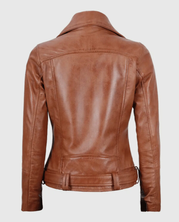 Women's Light Brown Asymmetrical Leather Biker Jacket - Belted - Image 2