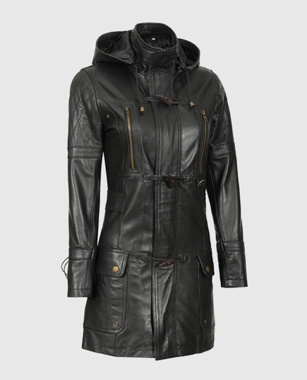 Women's Black Slim Fit Hooded Leather Coat - Image 2