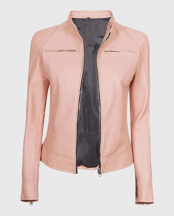 Light Pink Women's Motorcycle Cafe Racer Leather Jacket - Image 8