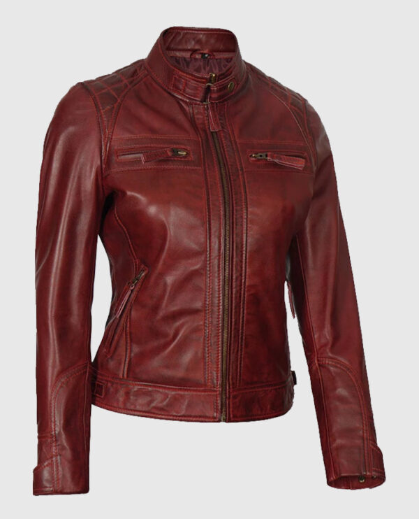Johnson Women's Brown Quilted Cafe Racer Genuine Leather Jacket - Image 3