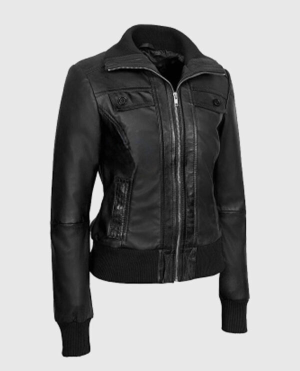 Women's Bomber Black Leather Jacket - Image 4