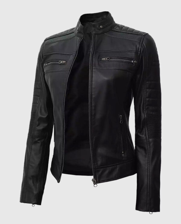 Women's Black Cafe Racer Leather Jacket - Image 3