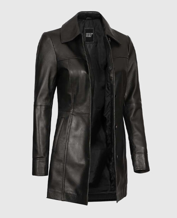 Women's Black Leather Long  Coat - Image 6