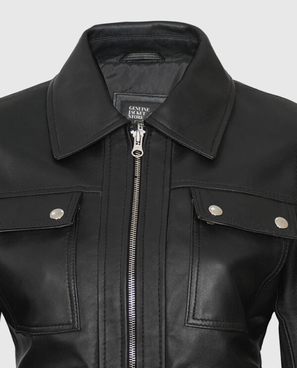 Evelyn Women's Classic Black Leather Bomber Jacket - Image 4