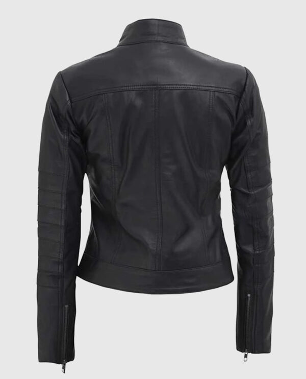 Women's Black Leather Cafe Racer Jacket with Decorated Seams - Image 2