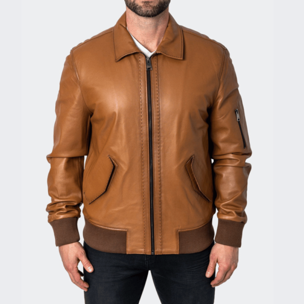 Classic Collar Real Leather Brown Jacket for Men - Image 3