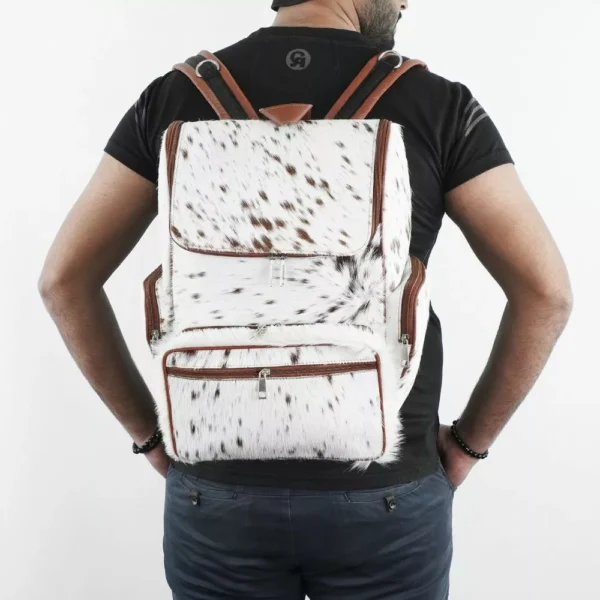 White & Brown Fur Cowhide Backpack - Image 5