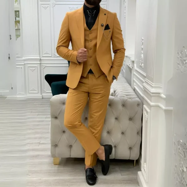 Mustard Slim Fit Peak Lapel Three Piece Suit - Image 5
